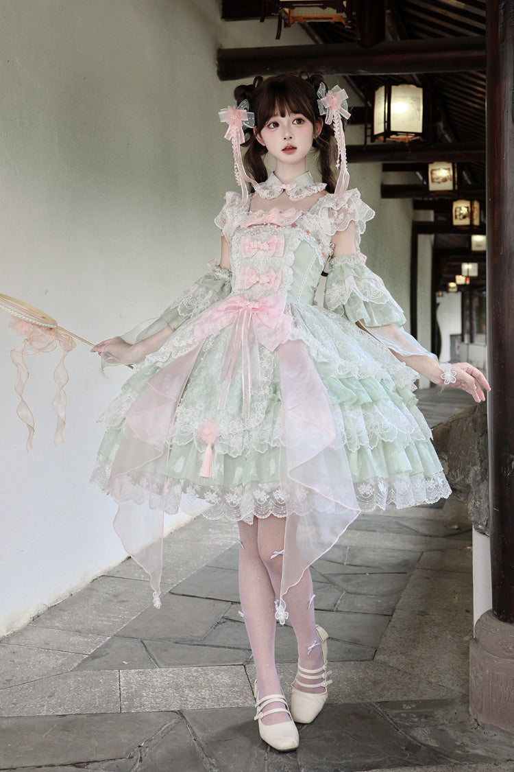 Green [Spring Waters Reflecting Pear Blossoms] Ruffled Embroidered Open-Front Bow Lace Sweet Lolita Jsk Dress - Product - 3