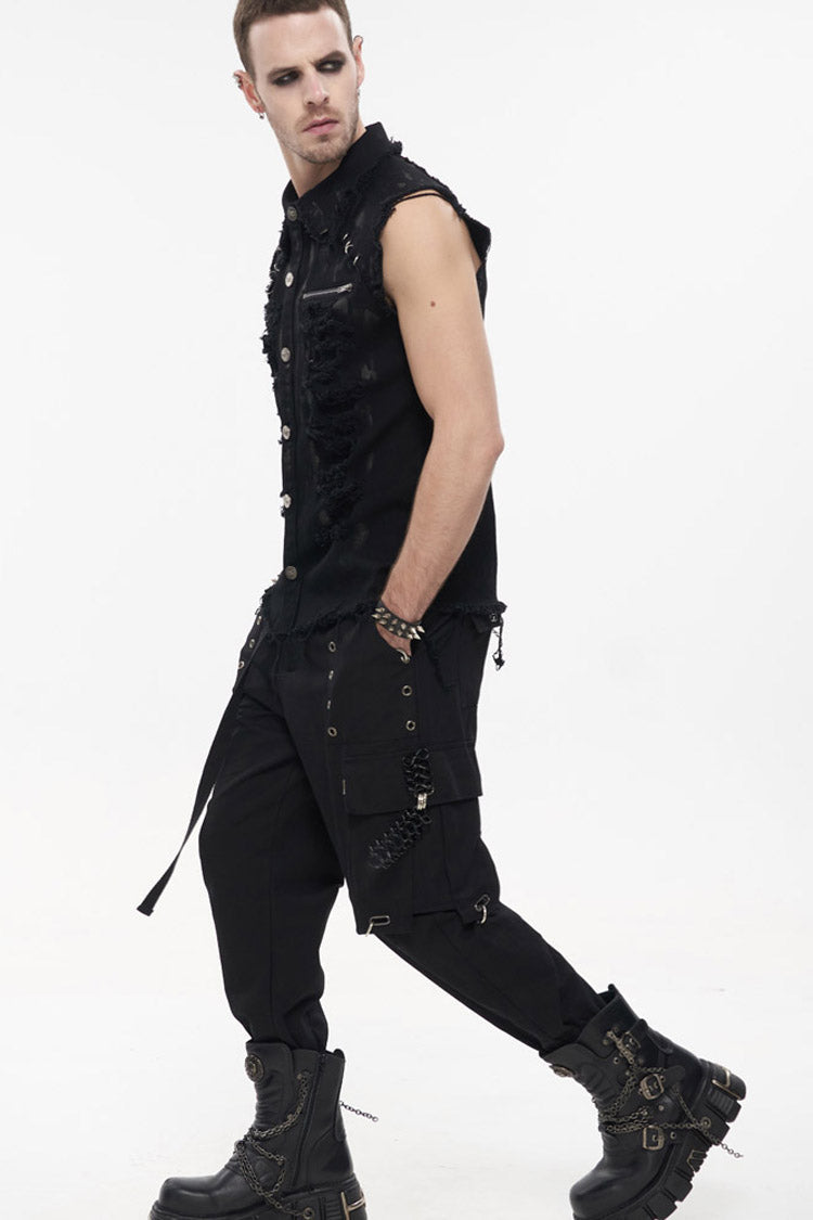 Black Punk Standing Collar Irregular Hand-Painted Sleeveless Metal Decoration Tattered Men's Shirt - Product - 7