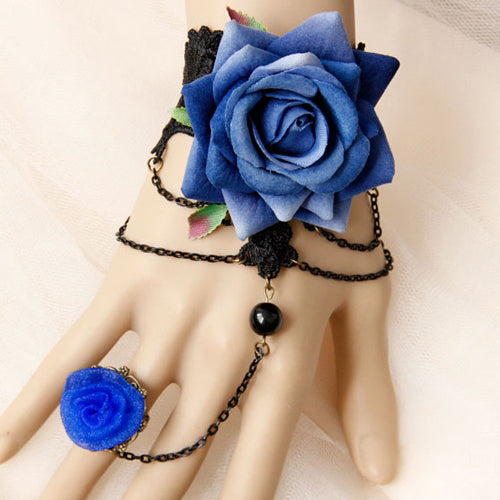 Blue Roses Halloween Prom  Hollow Black Lace Gothic Lolita Band Ring Bracelet - Product - 1