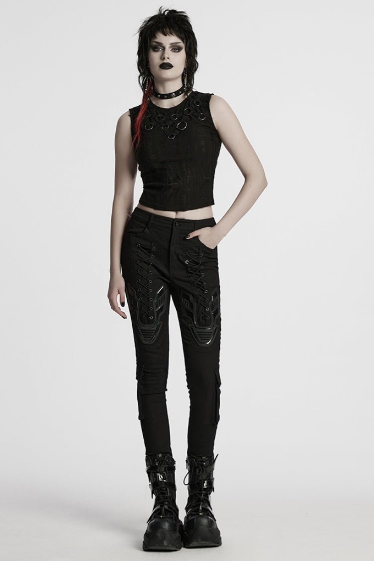 Black Sleeveless Strap Stitching Ripped Women's Punk Vest - Product - 4
