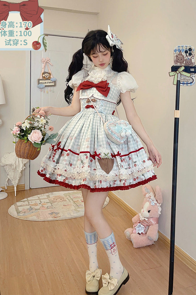 Light Blue [South City Cherry Shop] Plaid Print Ruffle Bowknot Sweet Lolita Jsk Dress - Product - 8
