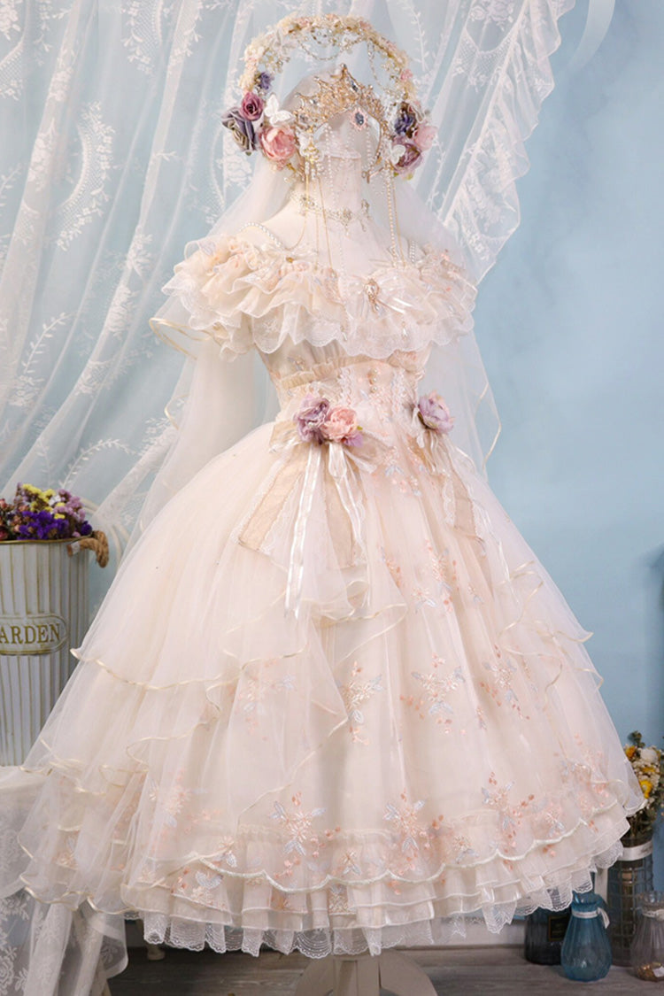 Ivory [Flora] Multi-Layered Ruffle Hanayome Embroidery Bowknot Sweet Lolita Jsk Dress - Ivory - 1