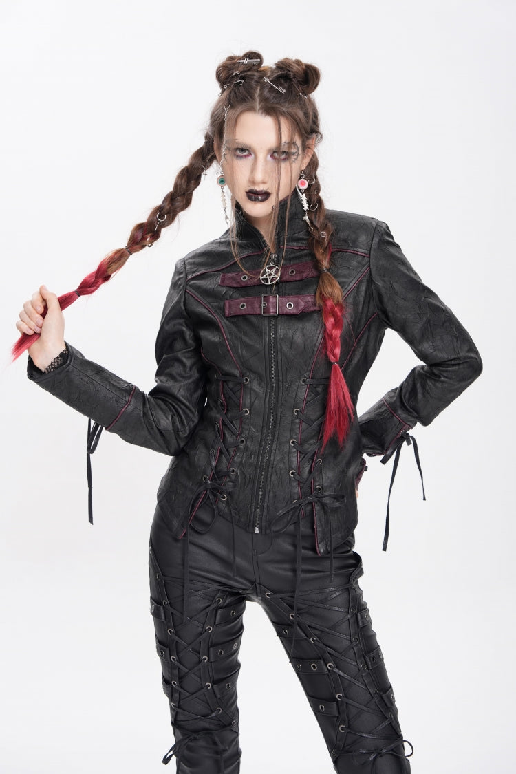 Black Pentacle Lace-Up Buckle Women's Punk Jacket - Black - 1