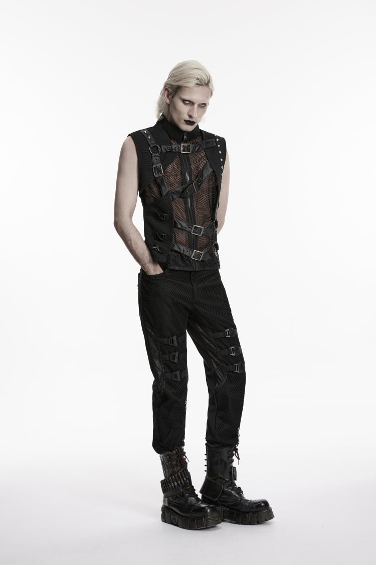 Black Stand Collar Sleeveless Spliced Asymmetric Studded Buckled Eyelet Men's Punk Cool Vest - Product - 4