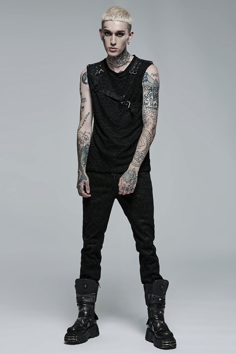 Black Sleeveless Stitching Mesh Buckle Men's Steampunk Vest - Product - 4