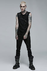 Black Sleeveless Stitching Mesh Buckle Men's Steampunk Vest - Product - 4