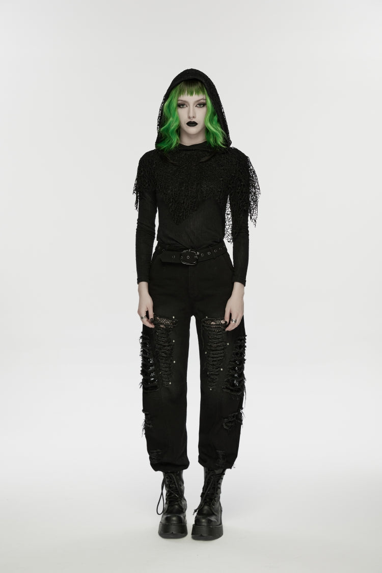 Black Ripped Zippered Eyelet Women's Punk Unedged Decadent Denim Pants - Product - 2