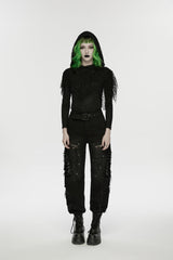 Black Ripped Zippered Eyelet Women's Punk Unedged Decadent Denim Pants - Product - 2