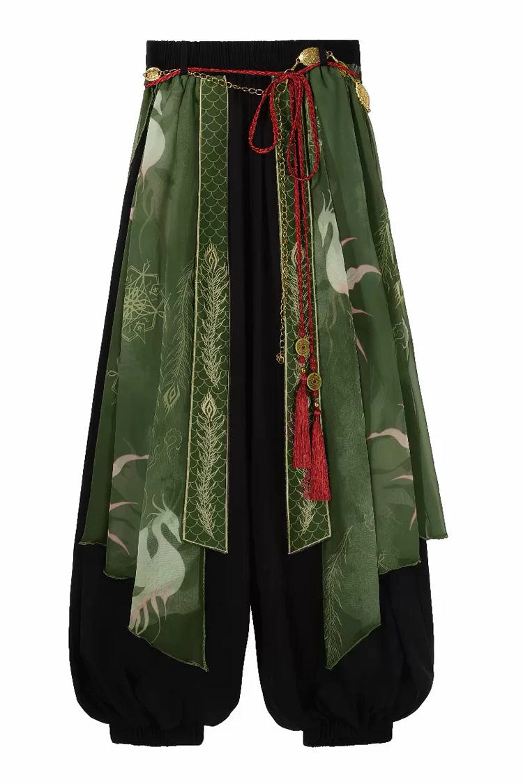 Black/Green Lapel Collar Short Sleeves Embroidered Sweet Chinese Inspired Wuxia Style Ouji Hanfu Pants Set - Pants(Only) - 13