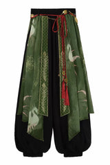 Black/Green Lapel Collar Short Sleeves Embroidered Sweet Chinese Inspired Wuxia Style Ouji Hanfu Pants Set - Pants(Only) - 13