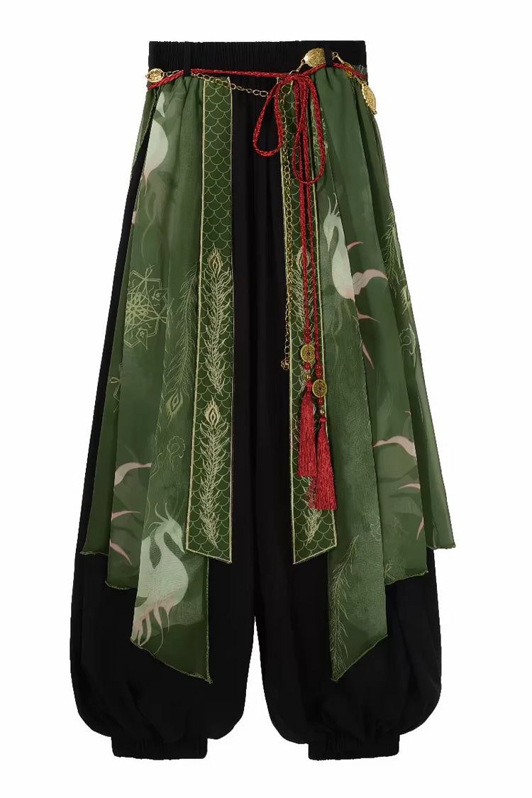 Black/Green Lapel Collar Short Sleeves Embroidered Sweet Chinese Inspired Wuxia Style Ouji Hanfu Pants Set - Pants(Only) - 13