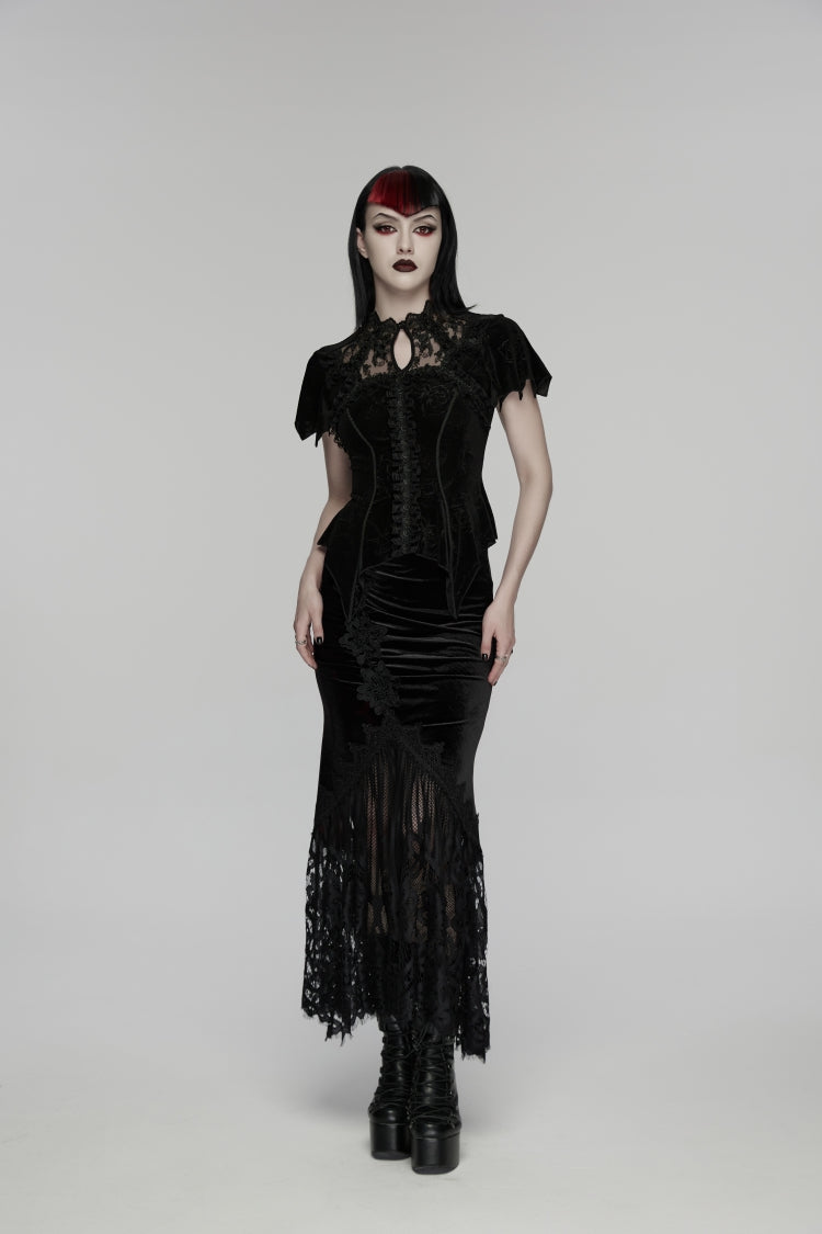 Black Stand Collar Short Sleeves Rose Printed Cut-Out Lace Women's Gothic Blouse - Product - 5