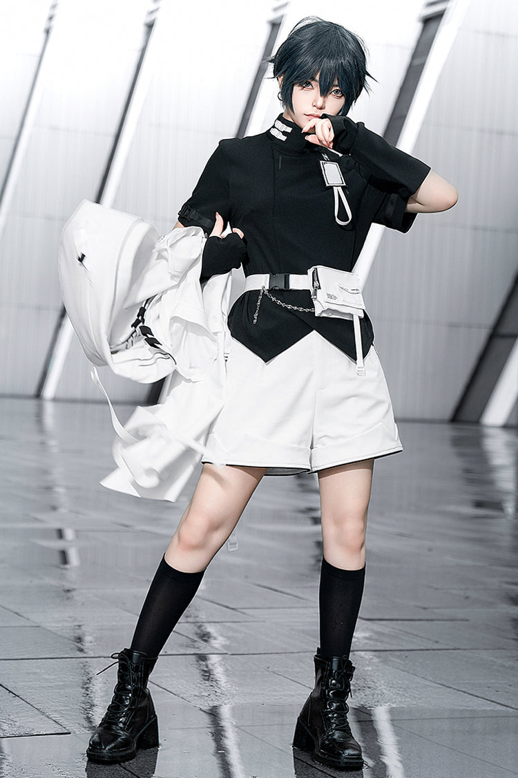 Black Functional Style Stand Collar Short Sleeves Ouji Fashion Prince Handsome Lolita Blouse - Product - 4