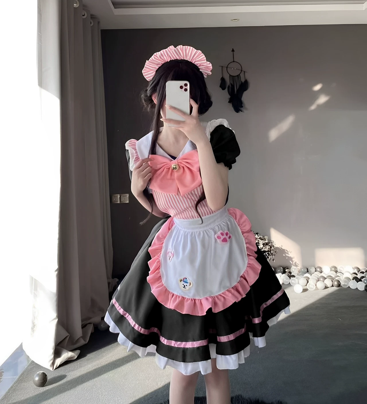Black and Navy Blue Ruffled Maid Style Dress with Apron Bow Accent - view 3