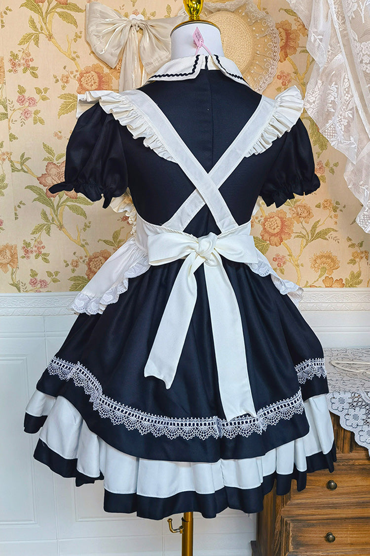 Black/White Short Sleeves Triple-Layered Ruffle Bowknot Lace Sweet Plus Size Maid Lolita Dress Set - Product - 8