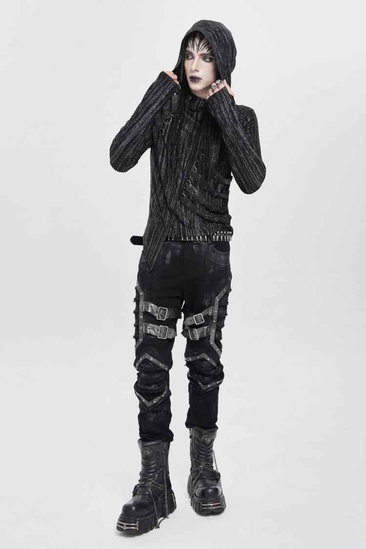 Black Buckle Straps Pleated Men's Punk Pants - Product - 7
