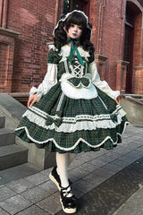 Green [Gingham Petal Bunny] Short Sleeves Printed Ruffled Bow Sweet Lolita OP Dress - Product - 3