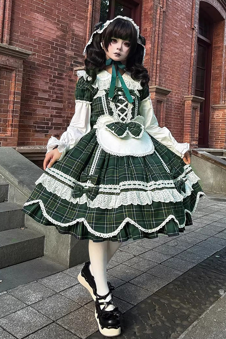 Green [Gingham Petal Bunny] Short Sleeves Printed Ruffled Bow Sweet Lolita OP Dress - Product - 3