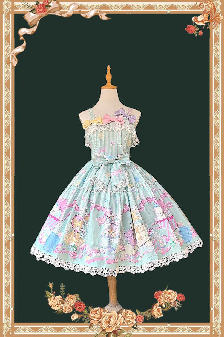 Green [Macarons Dolly House] Square Collar Sleeveless Printed Bow Sweet Lolita Jsk Dress - Green - 1