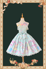 Green [Macarons Dolly House] Square Collar Sleeveless Printed Bow Sweet Lolita Jsk Dress - Green - 1