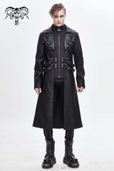 Black Stand Up Collar Waist Leather Hasp Leather Long Men's Punk Coat - Product - 2