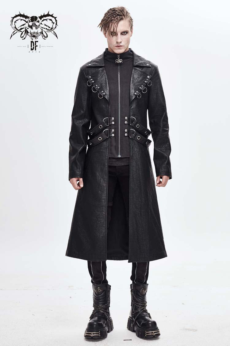 Black Stand Up Collar Waist Leather Hasp Leather Long Men's Punk Coat - Product - 2