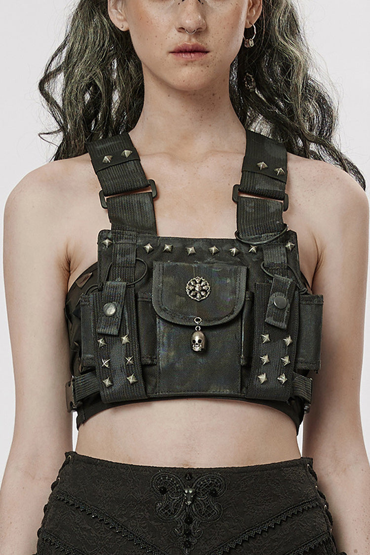 Black Post-Apocalyptic Rivets Skull Women's Steampunk Adjustable Strap Bag - Black - 1
