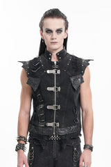 Black Stand Collar Sleeveless Rivets Chain Rings Men's Gothic Vest - Black - 1
