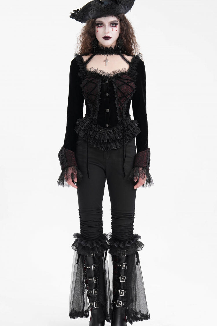 Black Long Sleeves Ruffle Lace-Up Mesh Women's Gothic Blouse - Product - 6
