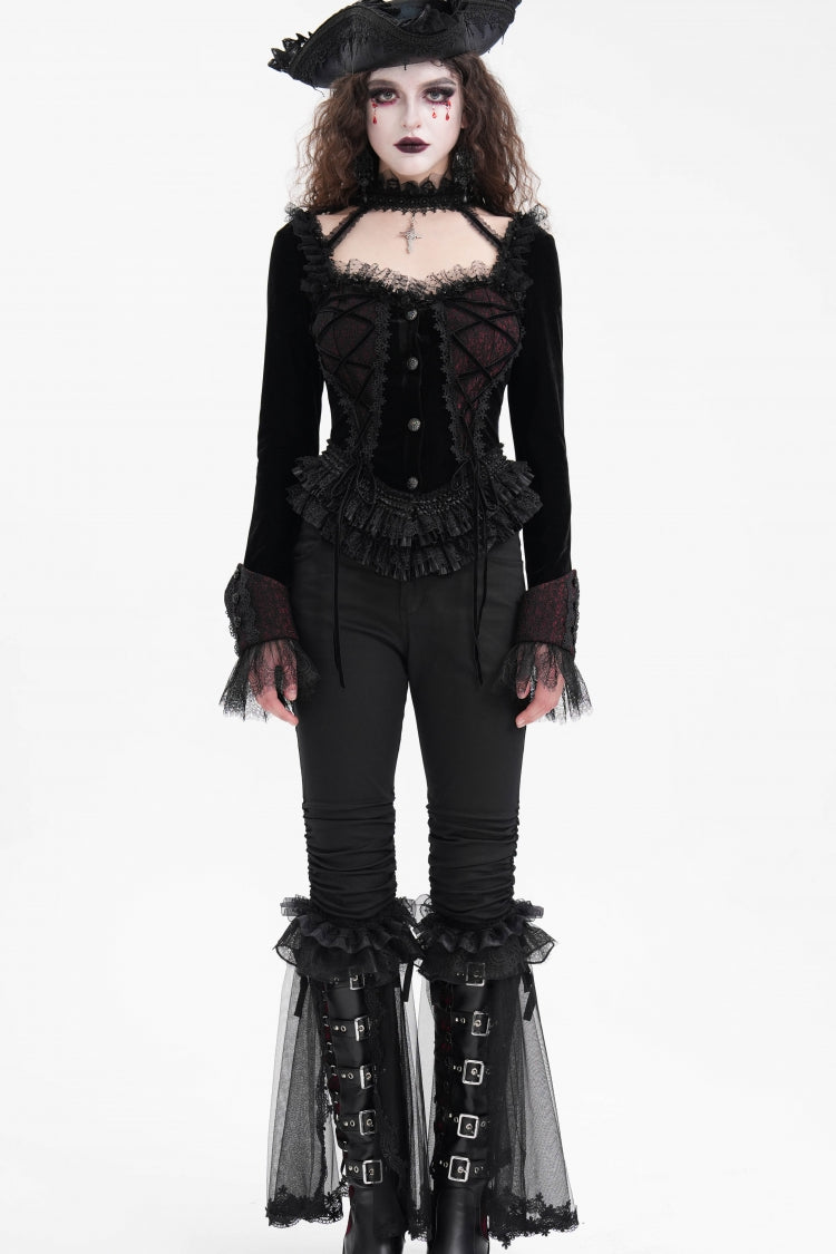 Black Long Sleeves Ruffle Lace-Up Mesh Women's Gothic Blouse - Product - 6