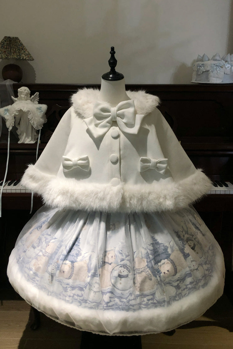 Blue [Snowman Bear] Square Collar Sleeveless Printed Ruffled Bow Sweet Lolita Jsk Dress - Product - 5