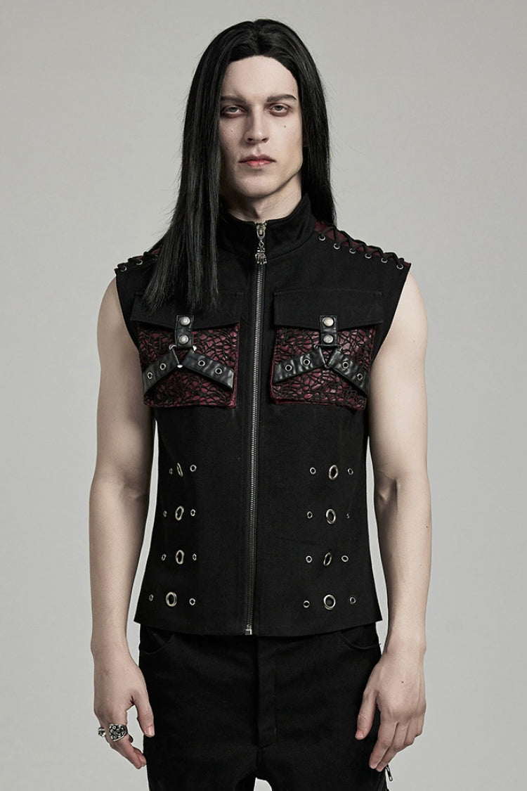 Black/Red Stand Collar Stitching Slim Men's Punk Vest - Black/Red - 1