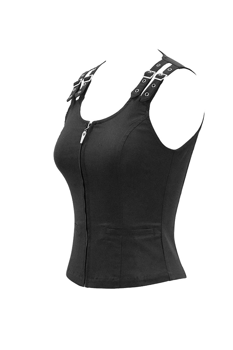 Black Lace Up Double Loops Front Shoulder Backless Women's Punk Waistcoat - Product - 6