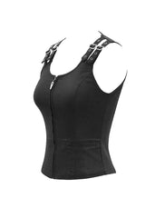 Black Lace Up Double Loops Front Shoulder Backless Women's Punk Waistcoat - Product - 6