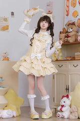 Yellow Nostalgic Showa Custard Cream Puff Sleeveless Triple-Layered Ruffled Bow Lace-Up Tiered Cake Sweet Jsk Dress - Product - 12