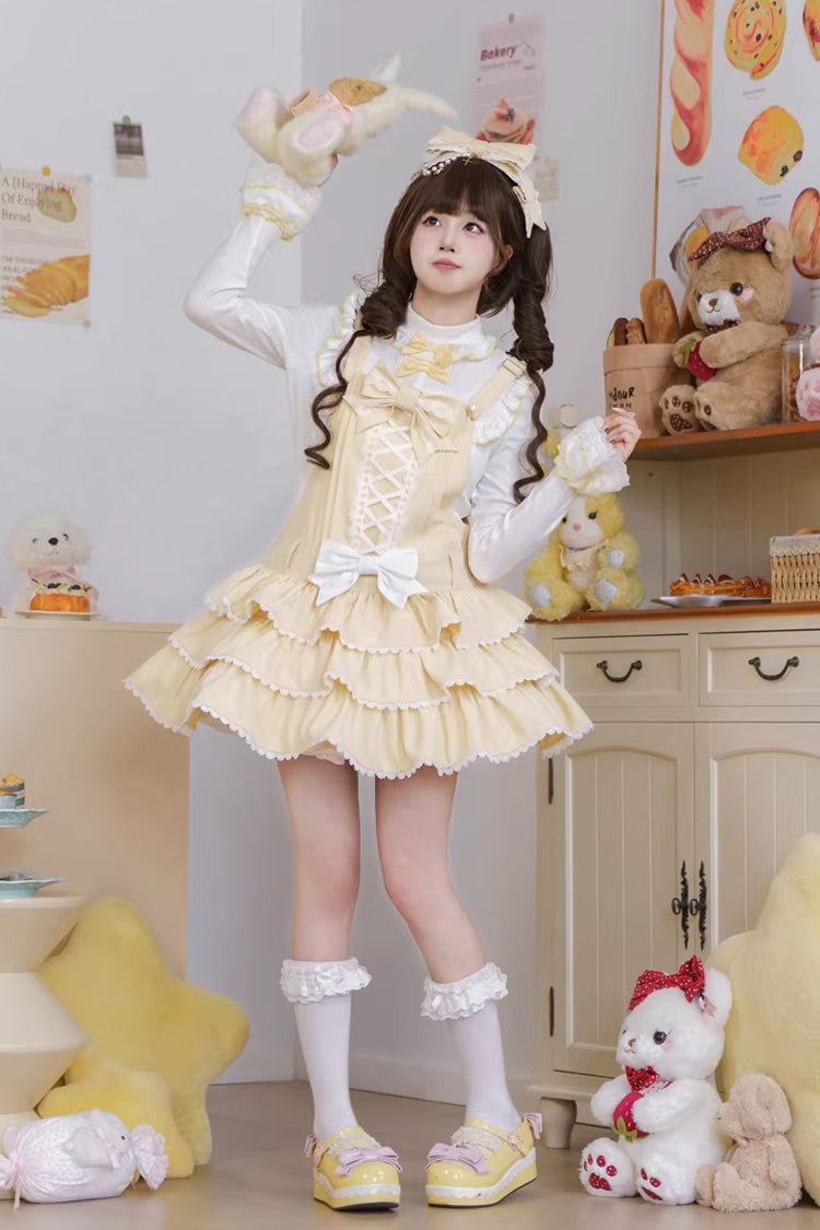 Yellow Nostalgic Showa Custard Cream Puff Sleeveless Triple-Layered Ruffled Bow Lace-Up Tiered Cake Sweet Jsk Dress - Product - 12