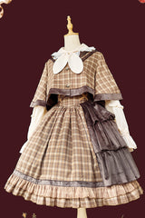 Brown [Morning Tune] Sleeveless High Waisted Print Ruffle Asymmetric Sweet Lolita Strap Dress - Product - 14