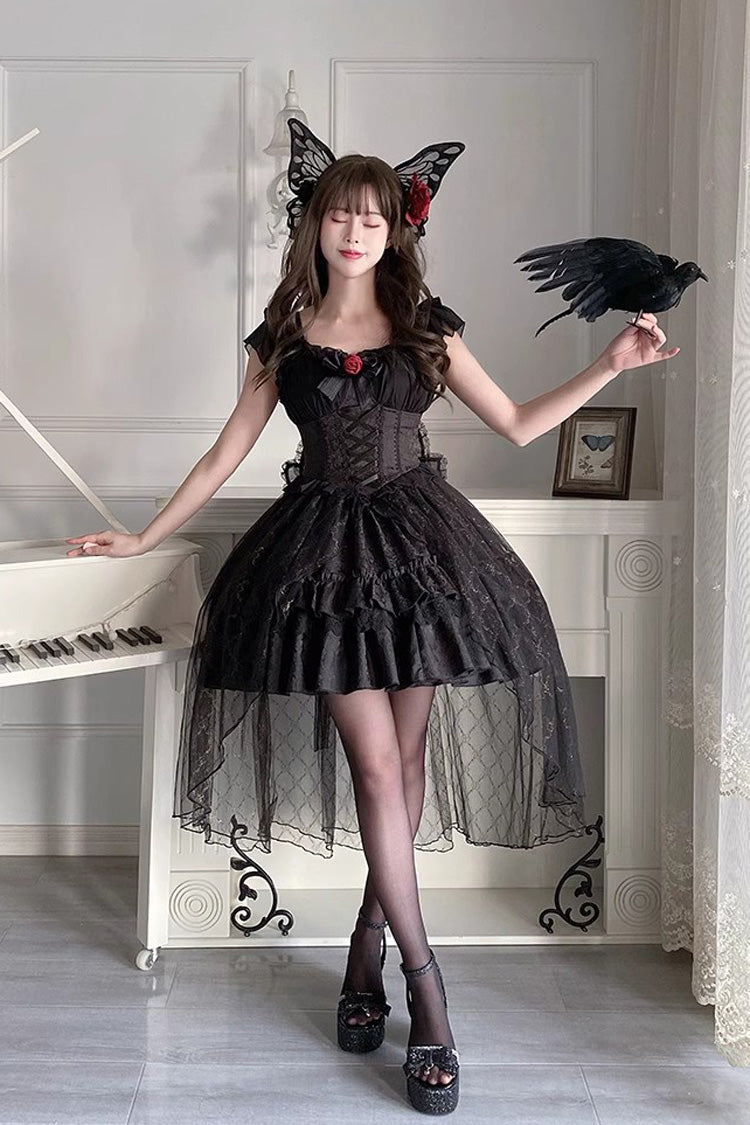 Black Short Sleeves Ruffle Rose Bowknot Elegant Princess Gothic Lolita Tiered Dress - Product - 7