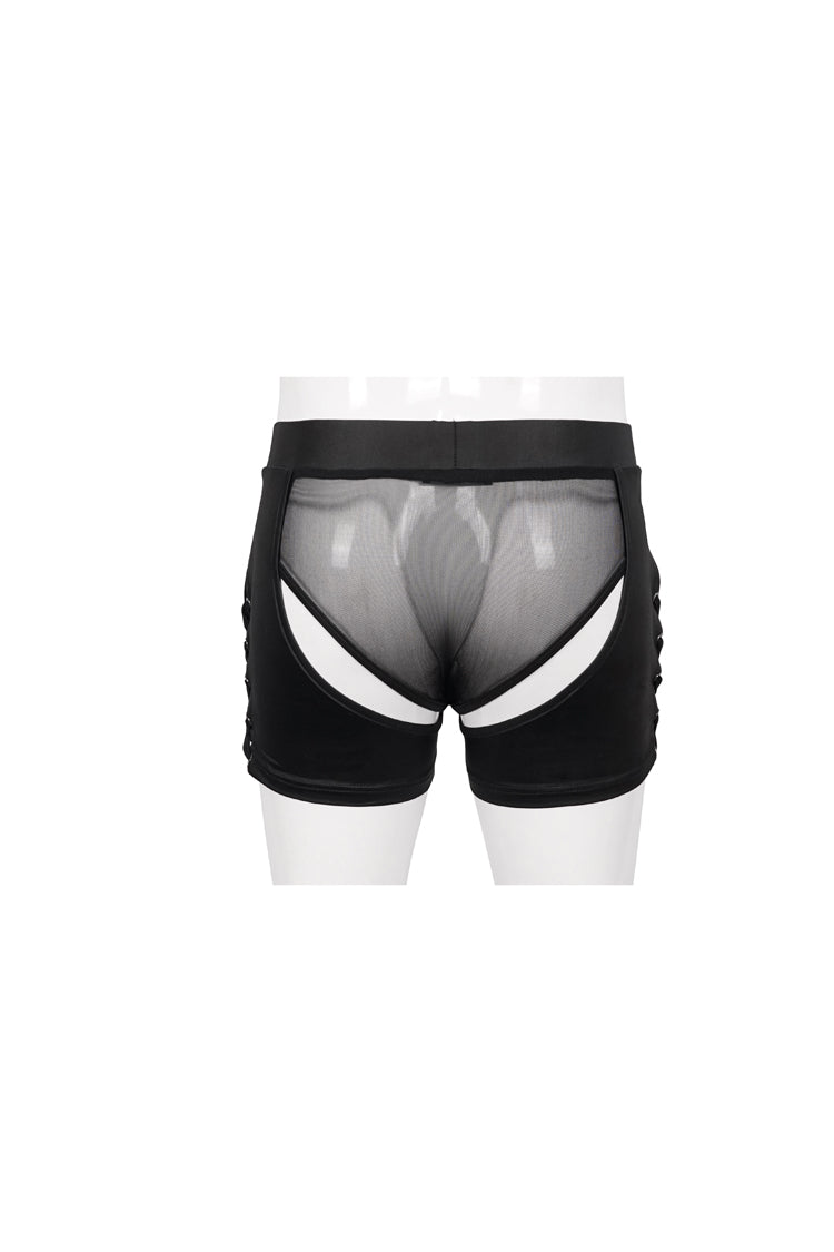 Black Knit Lace Up Perspective Sexy Slim Men's Punk Shorts - Product - 7