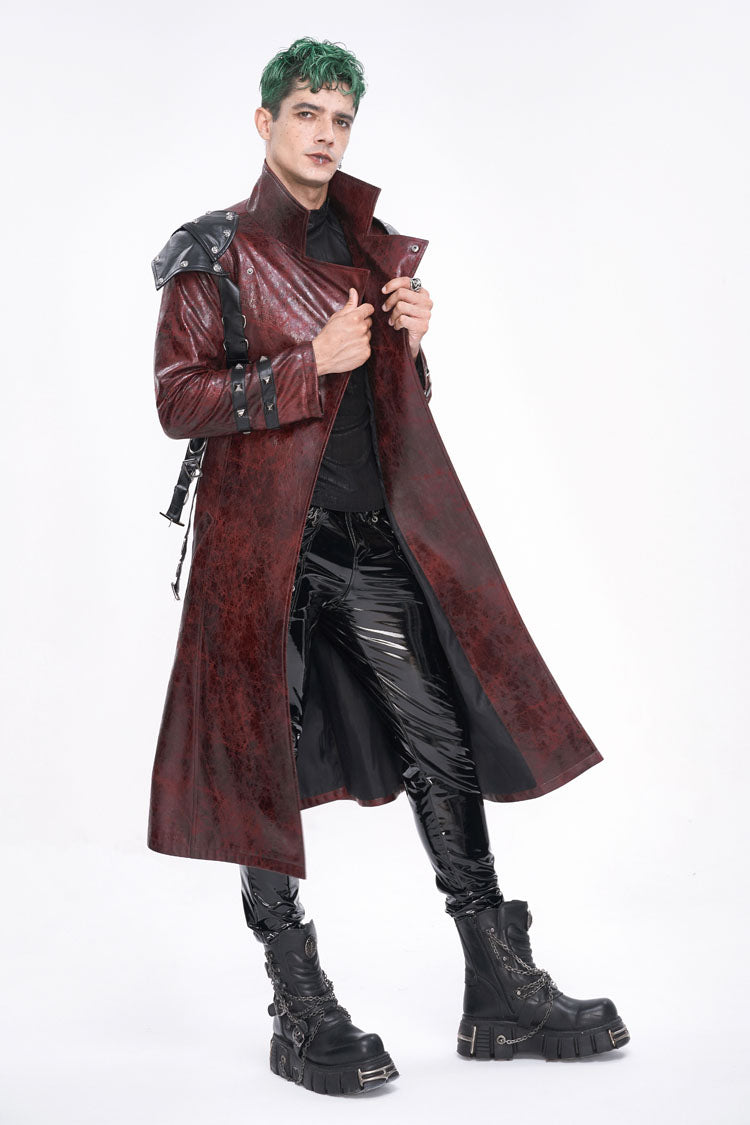 Red Stand Collar Multi Buckle Faux Long Leather Men's Punk Coat - Product - 3