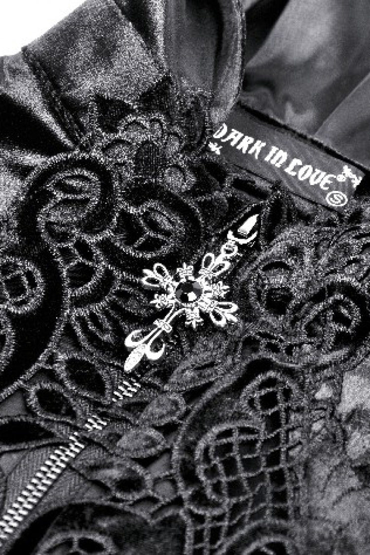 Black Cross Zippered Floral Embroidered Women's Gothic Cloak with Hood - Product - 16