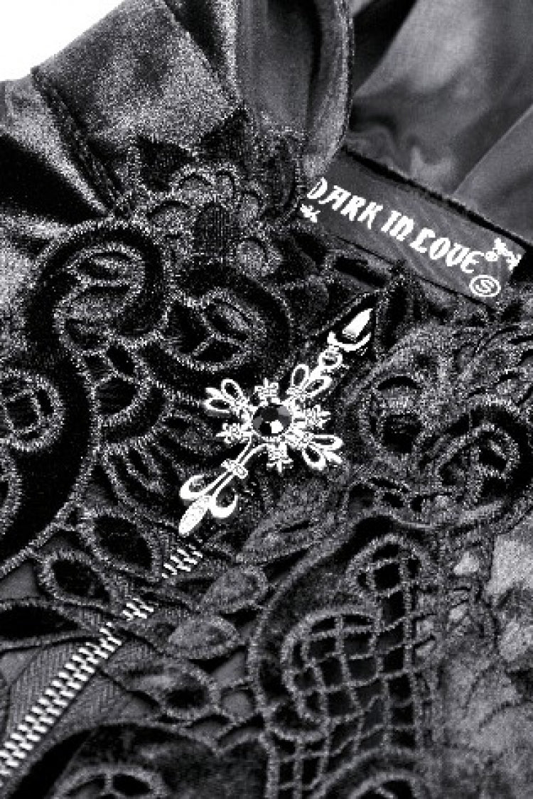 Black Cross Zippered Floral Embroidered Women's Gothic Cloak with Hood - Product - 16