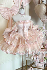 Pink [Princess Ribbon] Off Shoulder Triple-Layered Ruffle Bowknot Sweet Lolita Dress - Product - 6