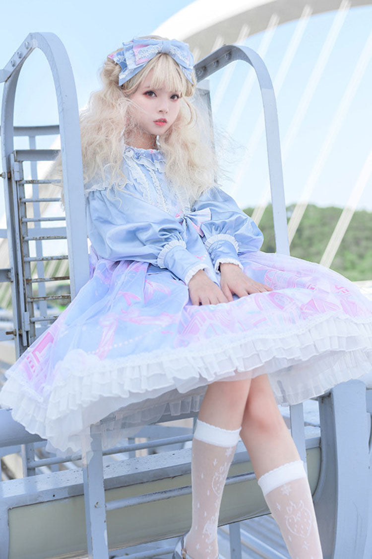 Sky Blue Dreamy Deep Sea Theater Print Bowknot Long Sleeves Princess Sweet Lolita OP Dress - Product - 3