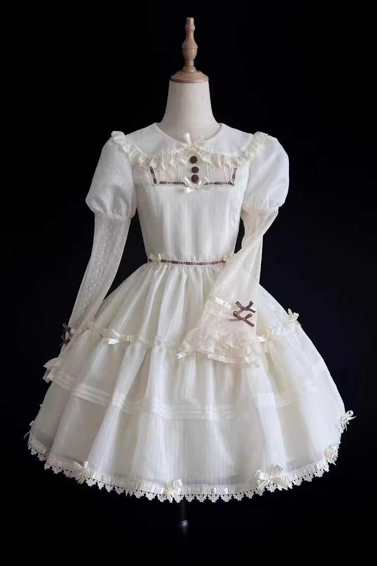 White Lapel Collar Long Sleeves Hollow Sweet Princess Lolita Dress - Product - 6