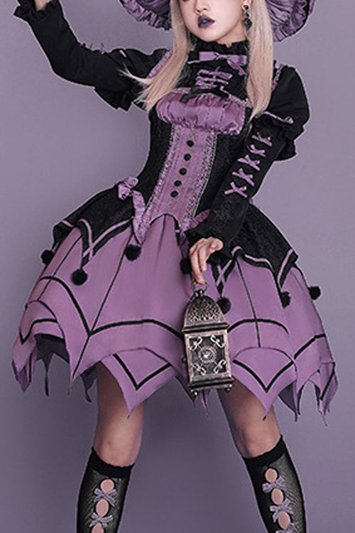 Black / Purple Round Collar Ruffled Long Sleeves Waist Irregular Hem Imp Sweet Lolita OP Dress Full Set - Black / Purple - 1