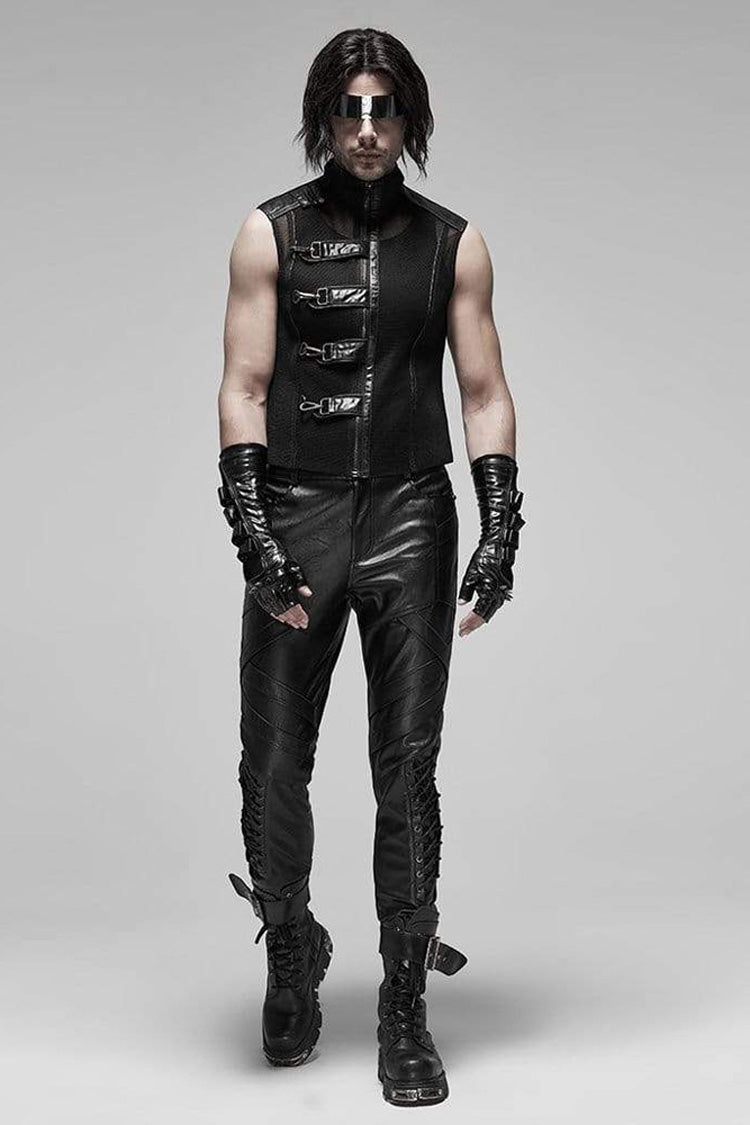 Black Punk Rough No Elasticity Woven Mesh Metal Buckle Belts Decoration Perspective Sleeveless Metal Zipper Men's Vest - Product - 4