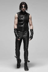 Black Punk Rough No Elasticity Woven Mesh Metal Buckle Belts Decoration Perspective Sleeveless Metal Zipper Men's Vest - Product - 4