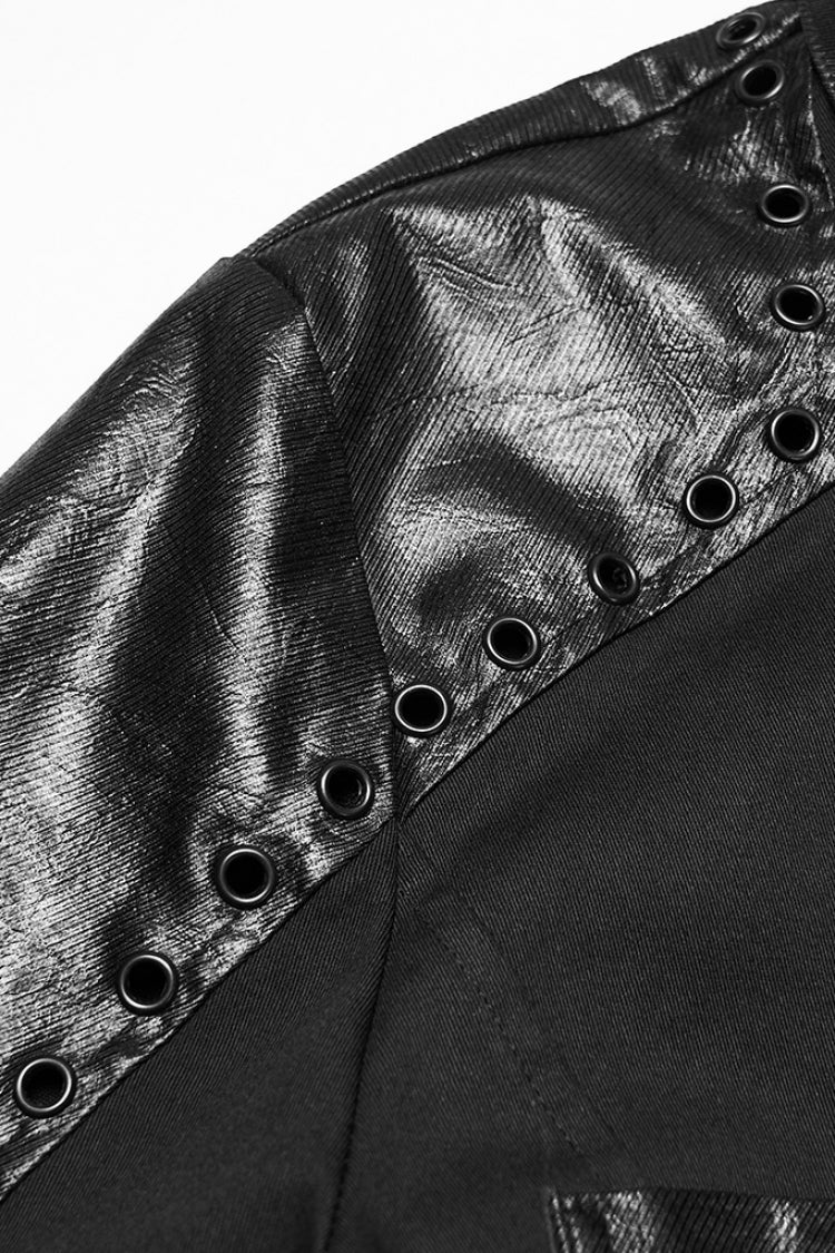 Black Lapel Collar Long Sleeves Stitching Eyelet Men's Punk Blouse - Product - 5