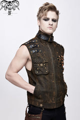 Brown Asymmetrical Bullet Belt 3D Pocket Leather Loop Rivet Back Lace Up Men's Punk Waistcoat - Product - 2
